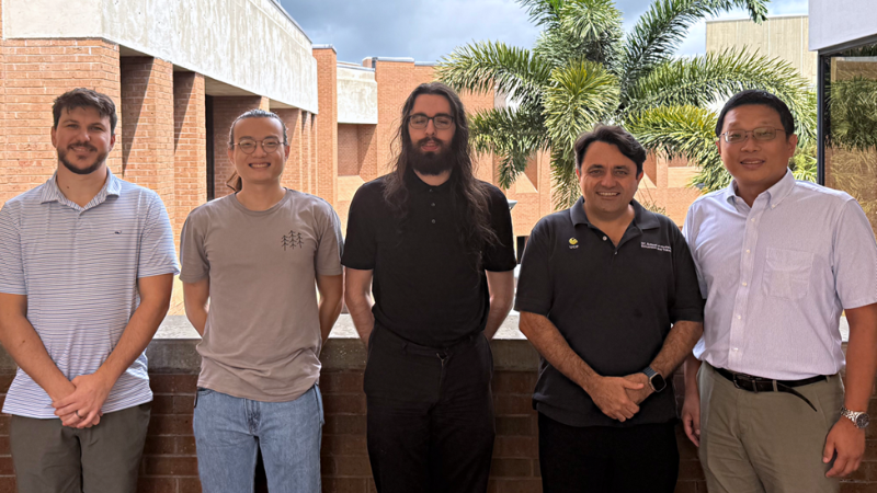 Research team members Joshua White, Yuh-Haur “Jackie” Chen and John “Mahlon” Scott with faculty team leaders Bulent Soykan and Hsin-Hsiung “Bill” Huang.