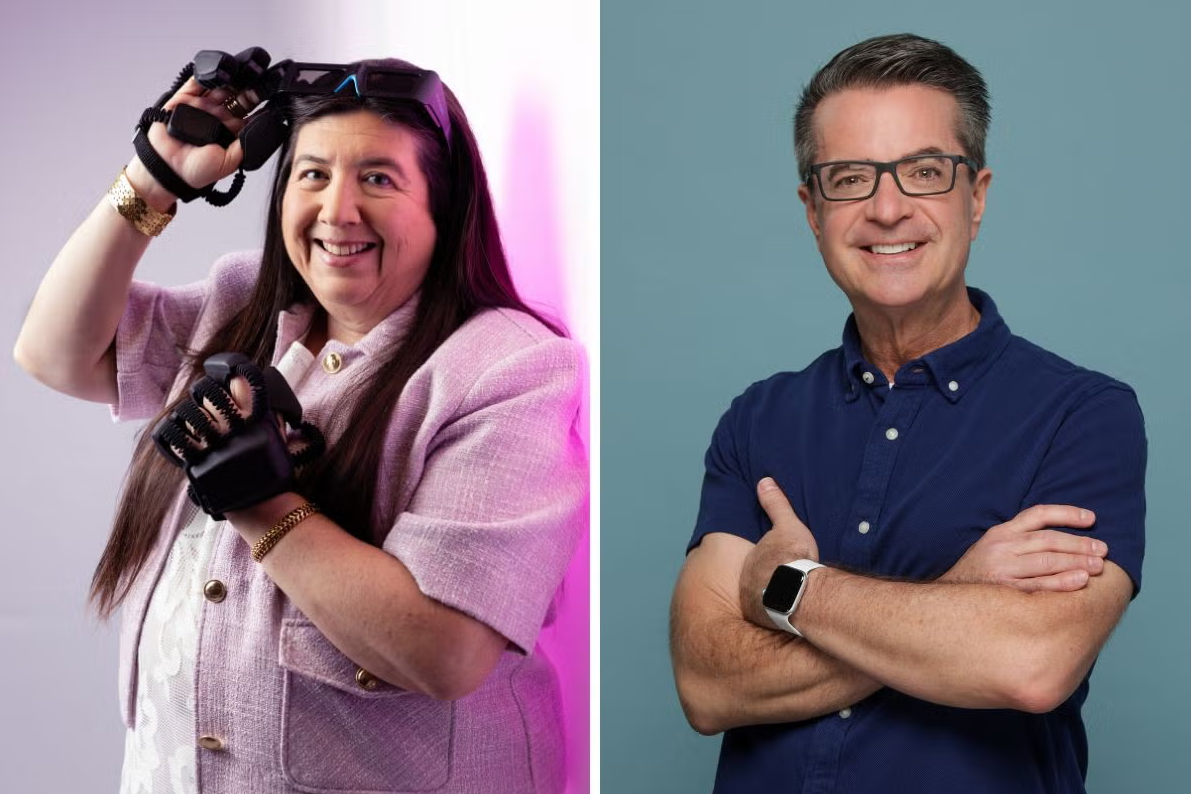 Two headshots of a woman and a man. The woman on the left is wearing VR glasses and haptics gloves. The man on the right is wearing glasses, a blue polo, and has his arm crossed.